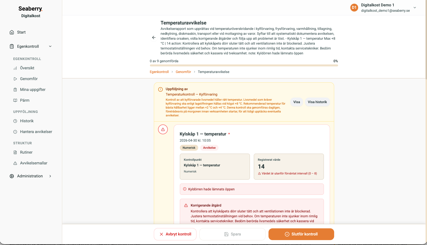 Avvikelse efter kontroll – dokumentera åtgärd