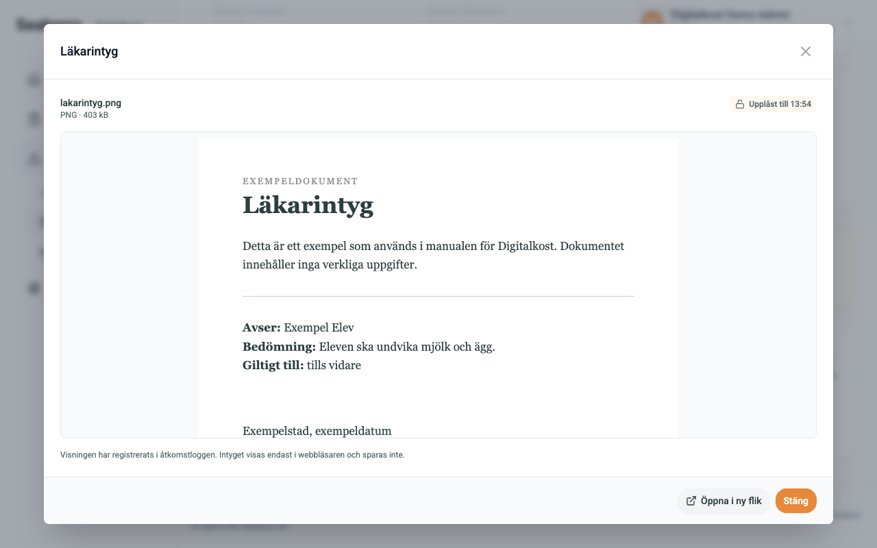 Visningsdialog för ett upplåst läkarintyg