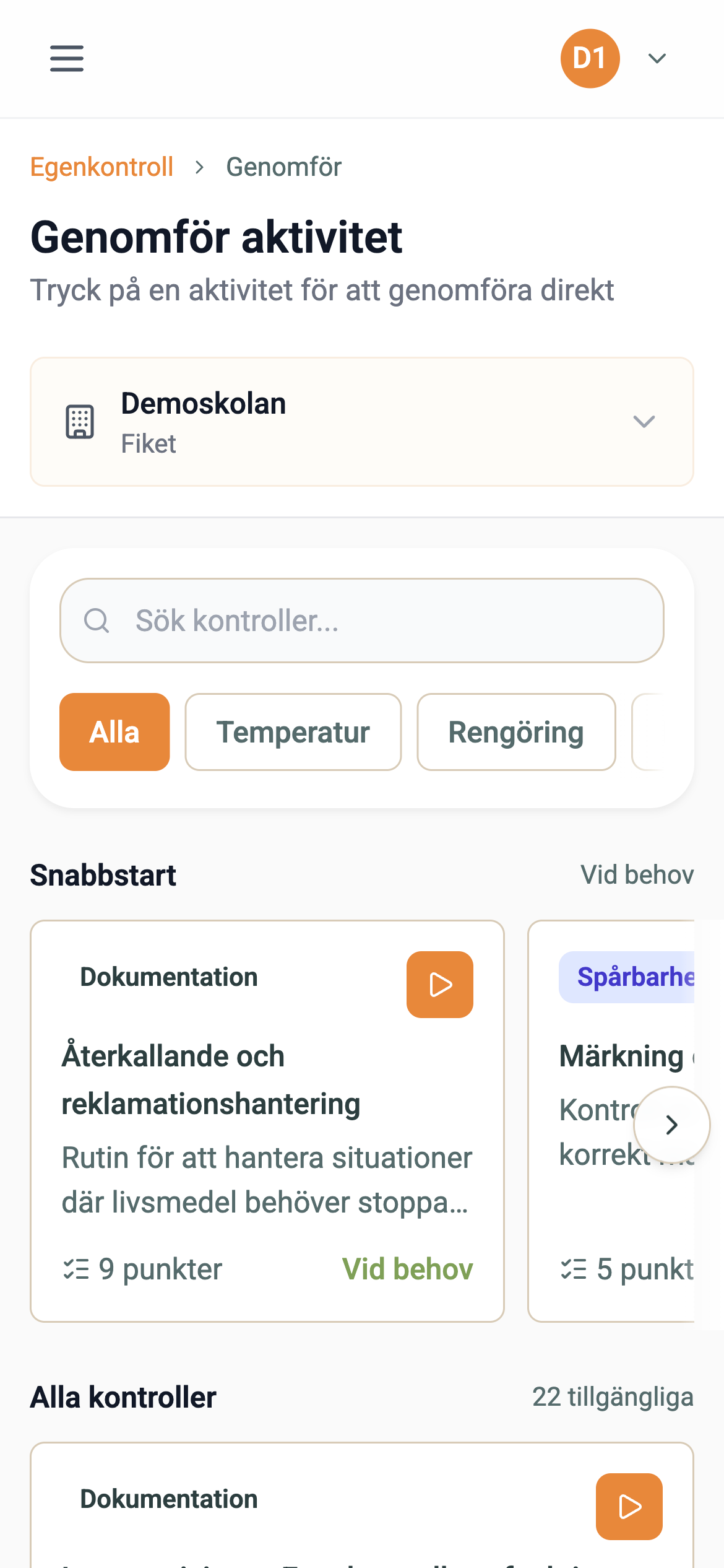 Starta kontroll – mobilvy