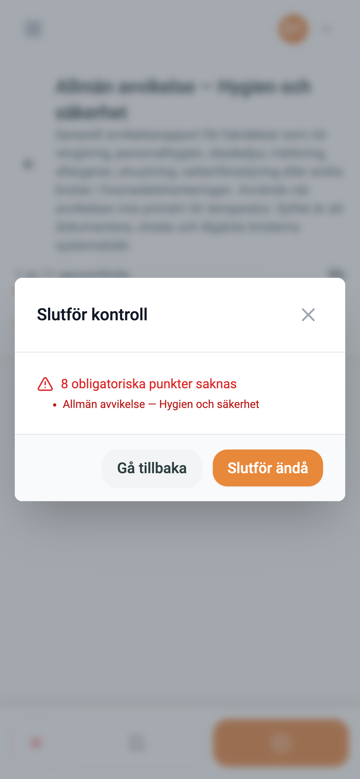 Slutföra kontroll – mobilvy