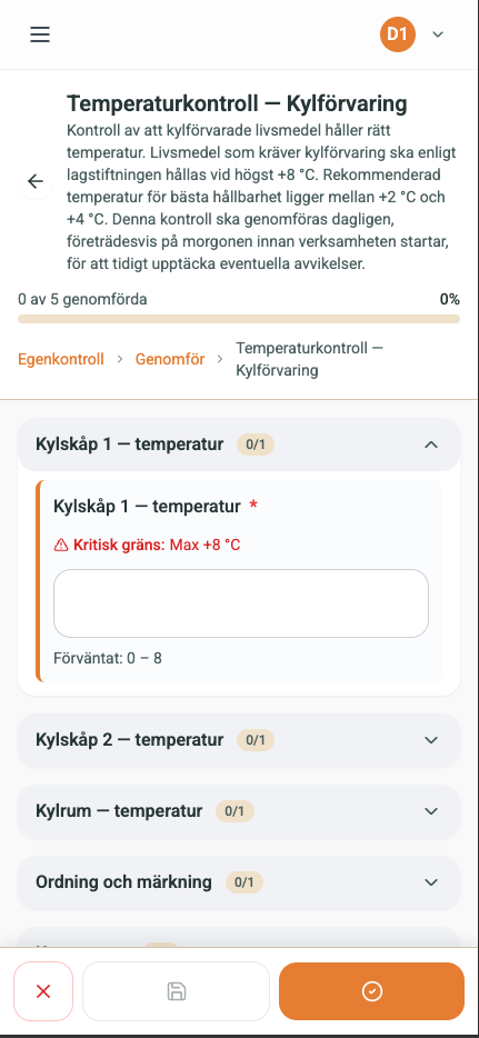 Daglig temperaturkontroll – starta kontroll mobilvy