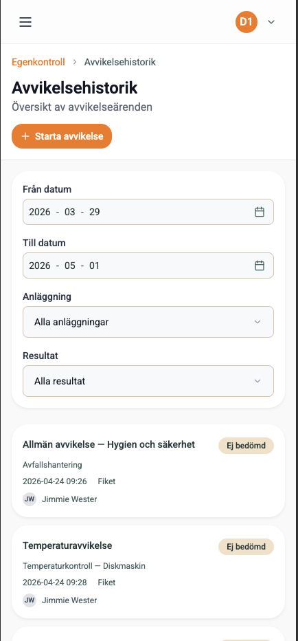 Avvikelse efter kontroll – avvikelsehistorik mobilvy