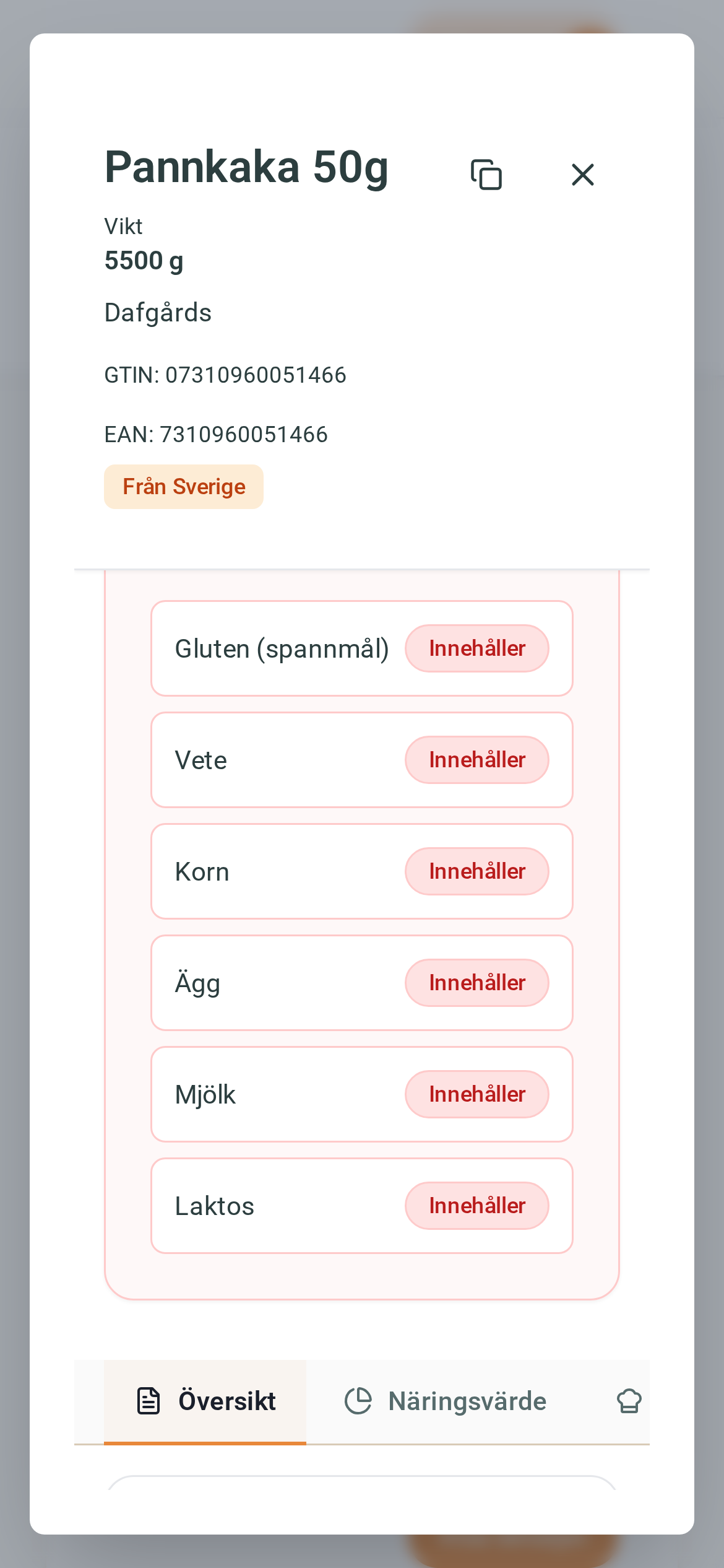 Artikelvyn med allergeninformation – mobilvy