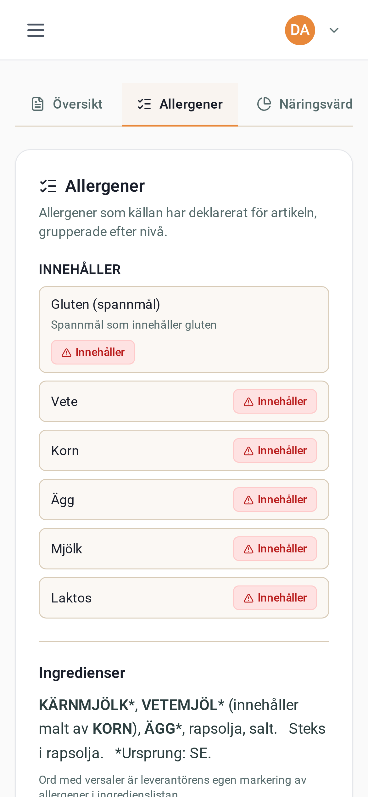 Fliken Allergener för en artikel – mobilvy