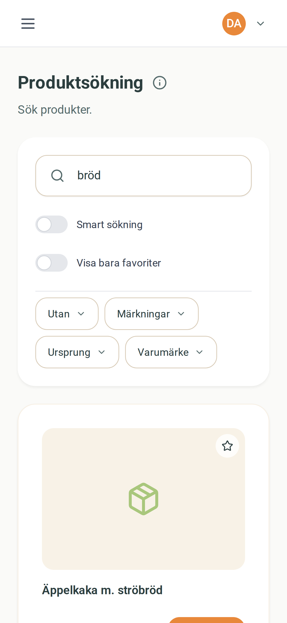 Filterraden under sökfältet – mobilvy