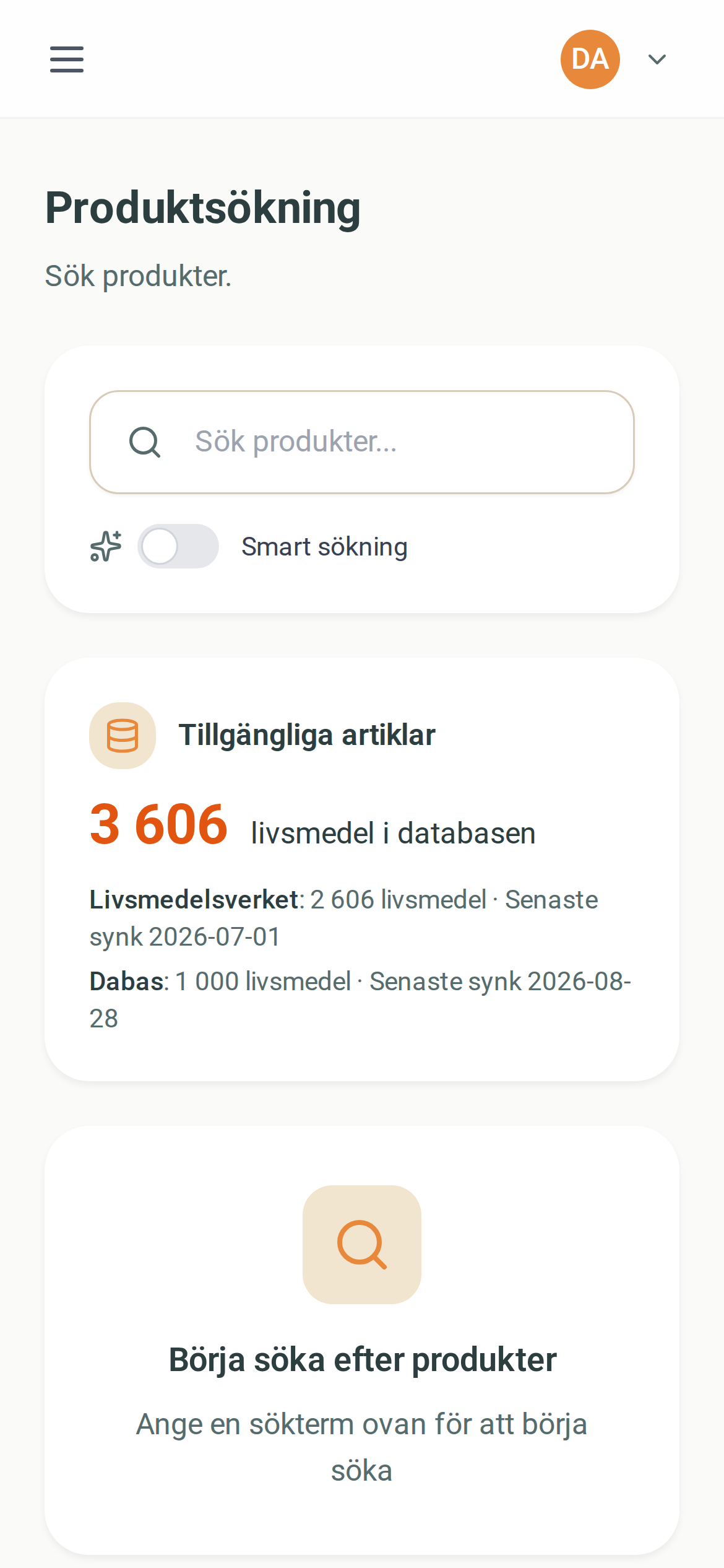 Produktsökning med tillgängliga artiklar – mobilvy