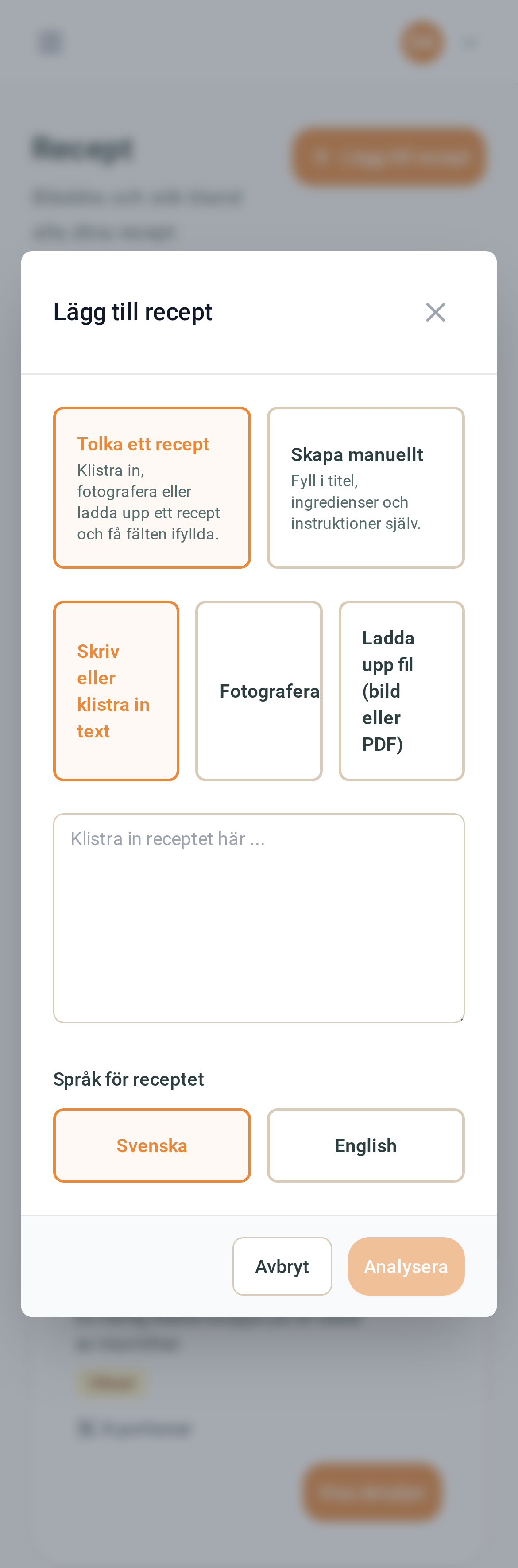Dialogen Lägg till recept – mobilvy