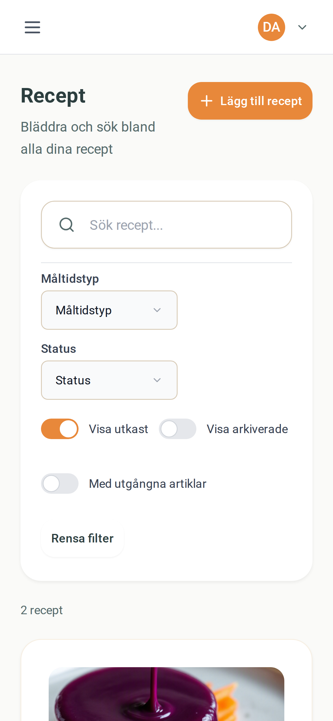 Receptlistan med Visa utkast påslaget – mobilvy