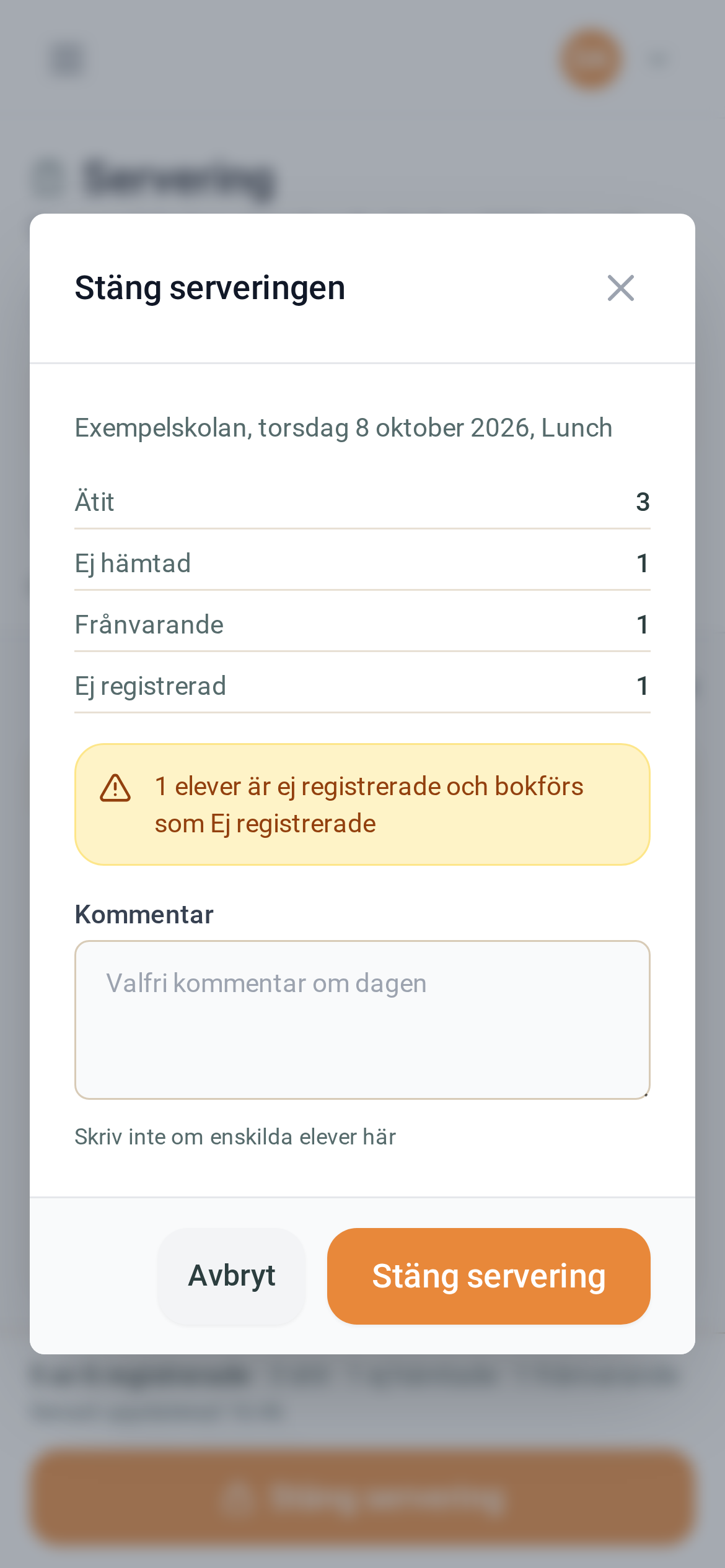 Bekräftelse vid stängning av serveringen – mobilvy