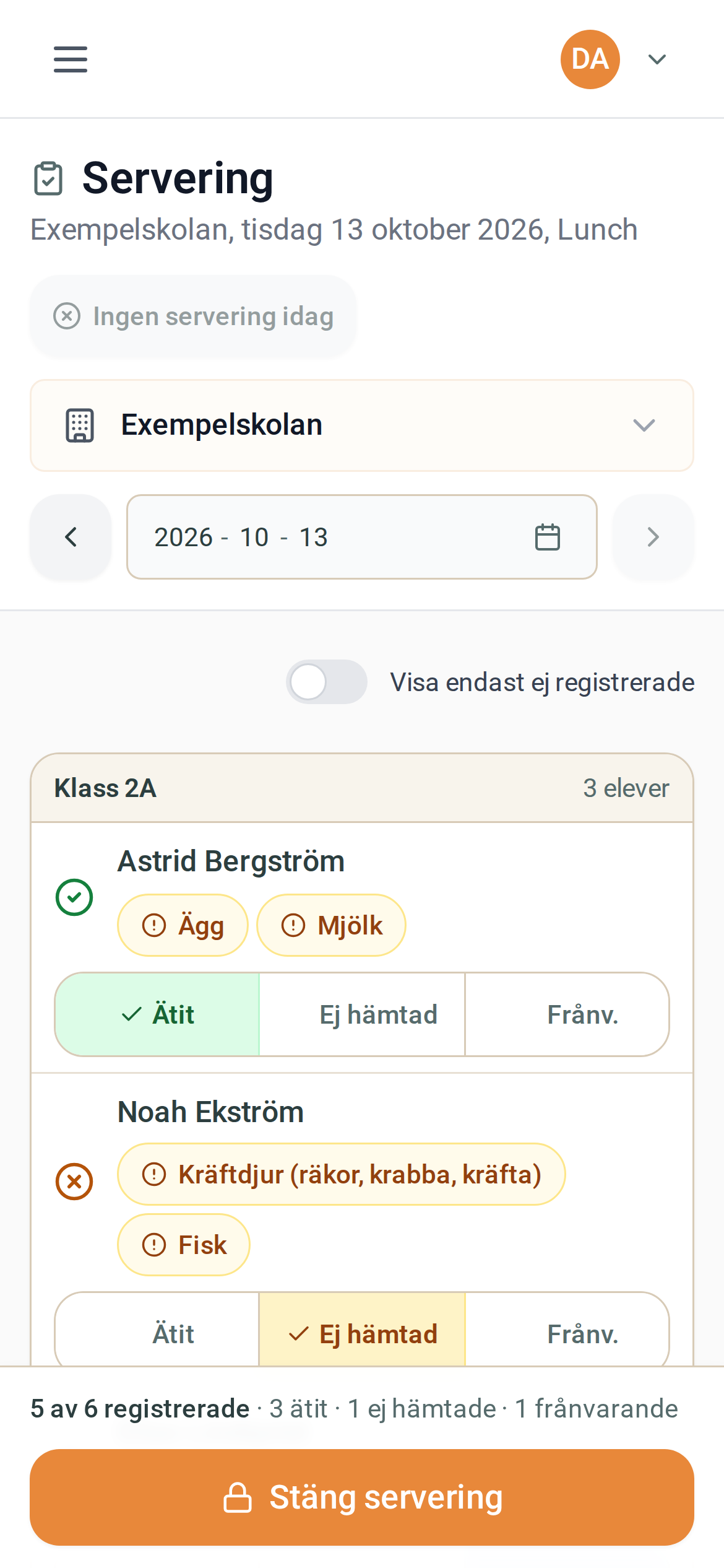 Servering med registrerade elever – mobilvy