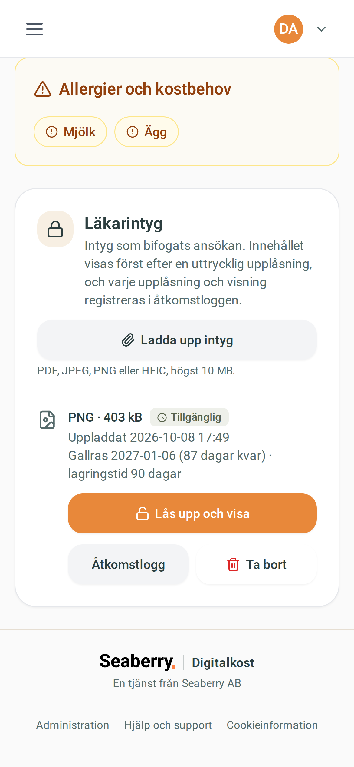Läkarintyg i ansökans detaljvy – mobilvy